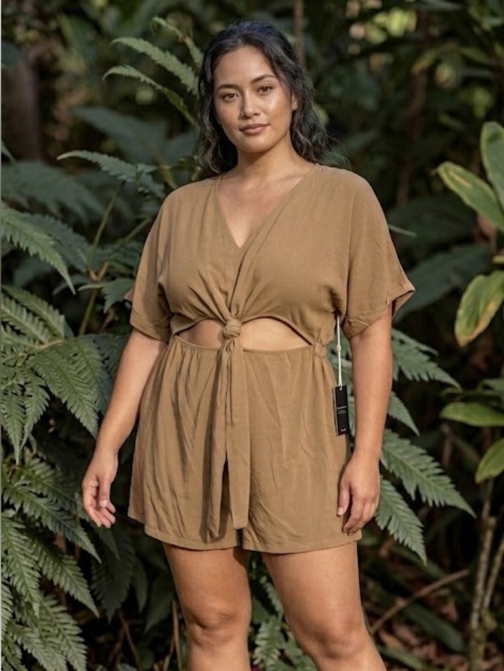 Knot-Front Short-Sleeve Romper in Camel
